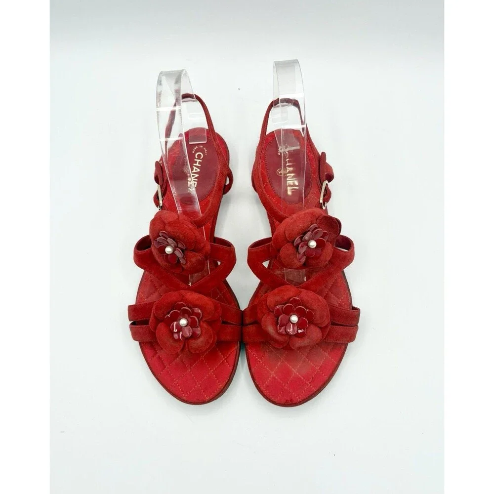 Chanel Red Suede Sandals w/ Camelia Flower Accents Pearls T Strap Size EU 37